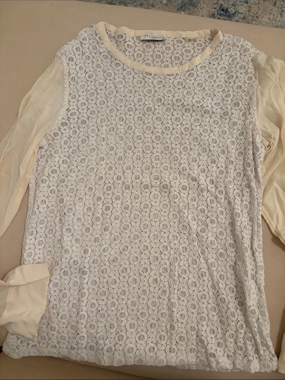 Equipment Cream Lace Front Blouse with Sheer Sleeves